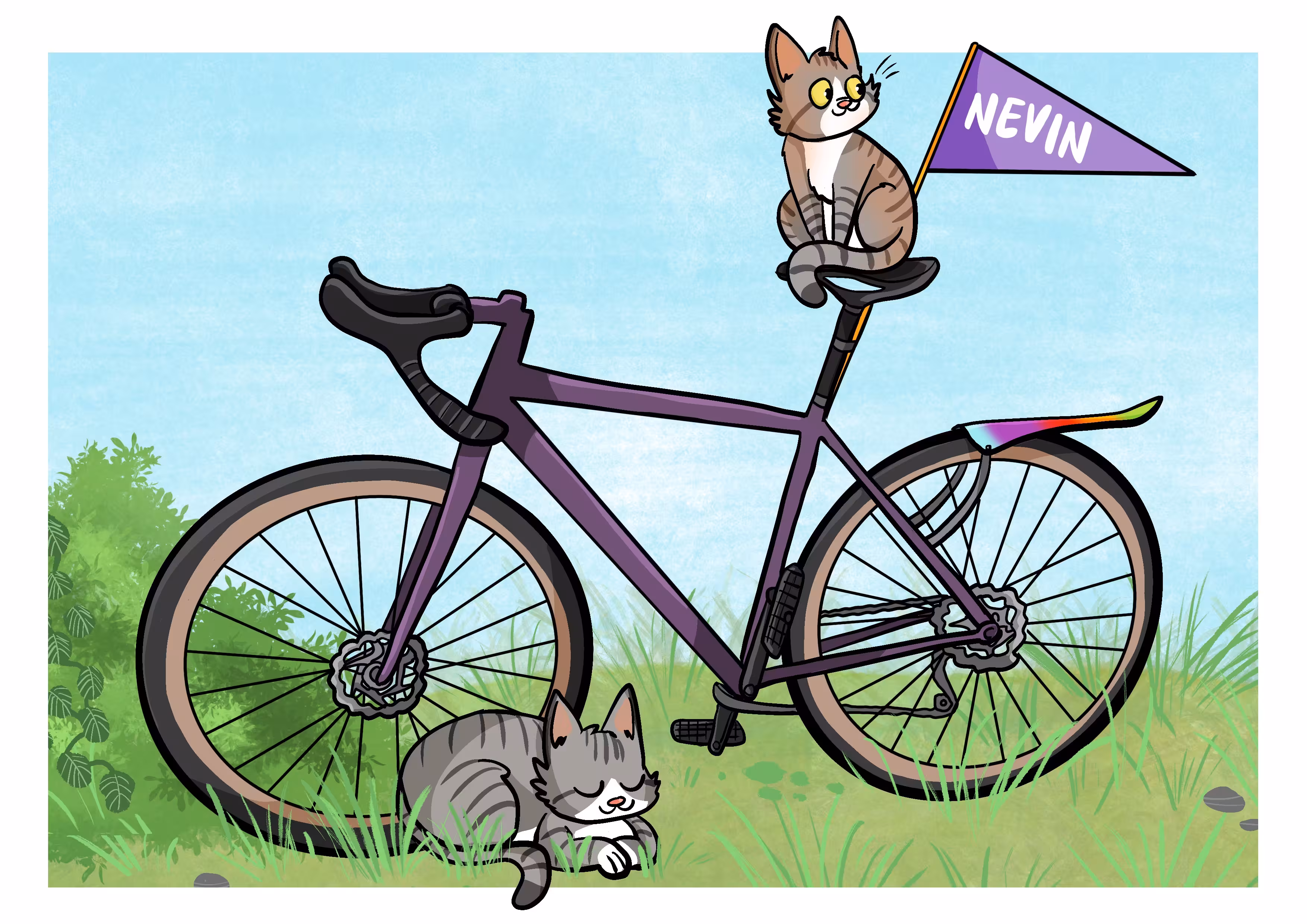 Illustration im Querformat: Seitenansicht von einem lila Gravelbike vor hellblauem Himmel im Grünen. 
 Links vor dem Vorderrad schläft friedlich eine Katze. 
 Eine zweite Katze sitzt auf dem Sattel und schaut nach hinten auf den am Sitzrohr befestigten Wimpel mit der Aufschrift Nevin.